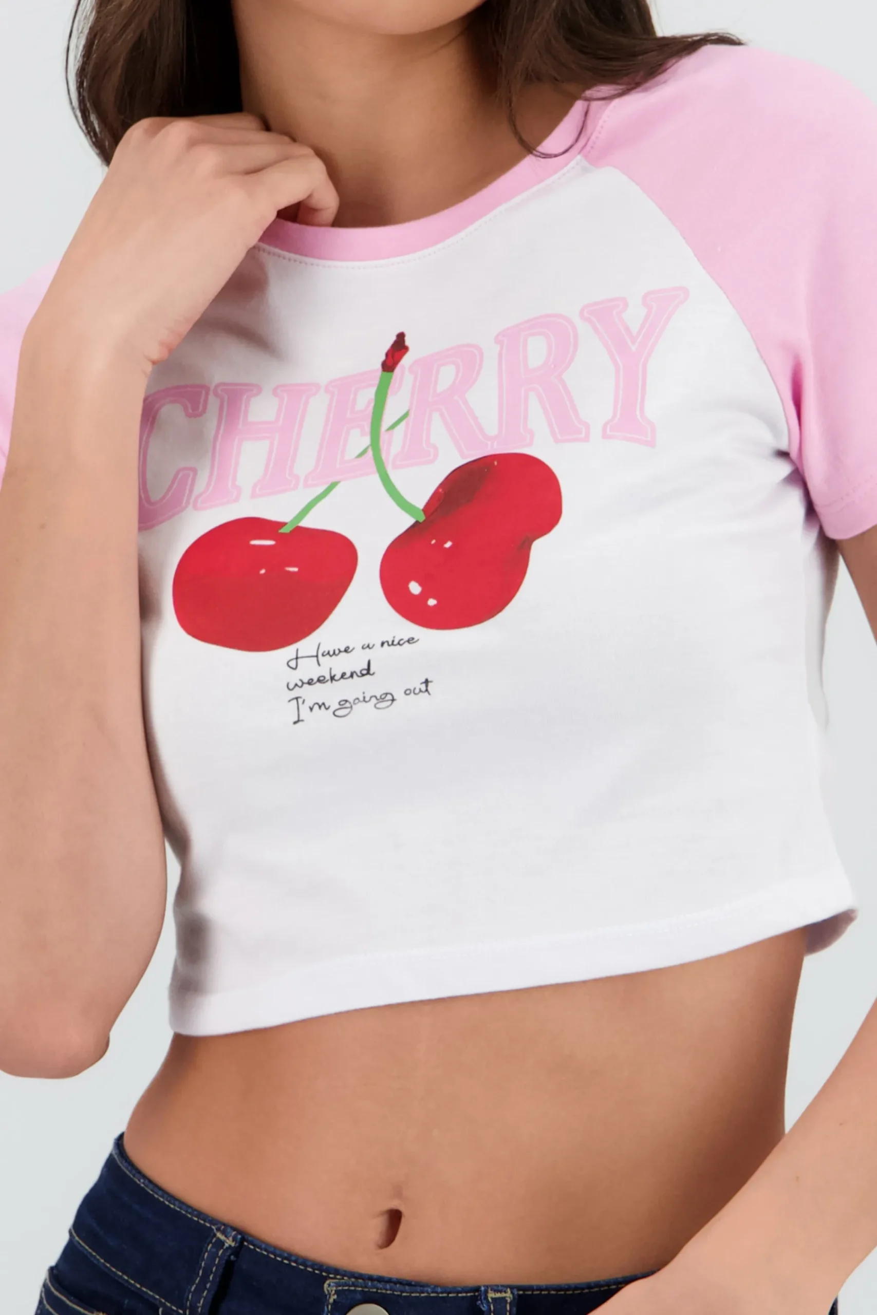 Shasa Contrast Sleeves Cherry Crop Top