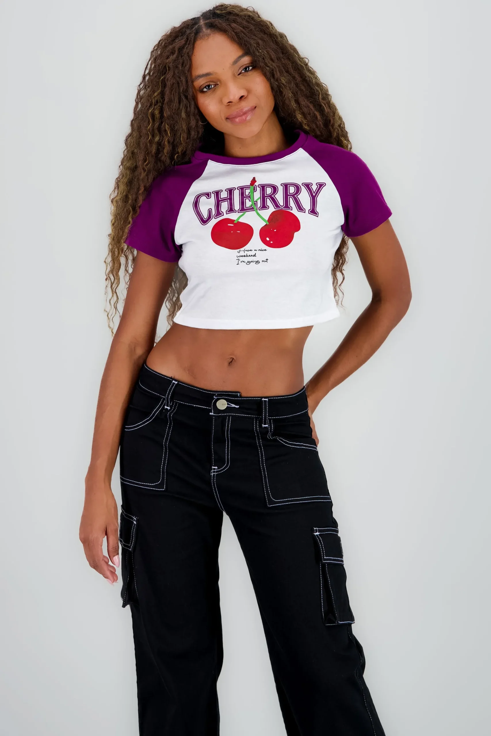 Shasa Contrast Sleeves Cherry Crop Top