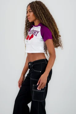 Shasa Contrast Sleeves Cherry Crop Top