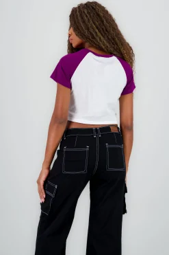 Shasa Contrast Sleeves Cherry Crop Top