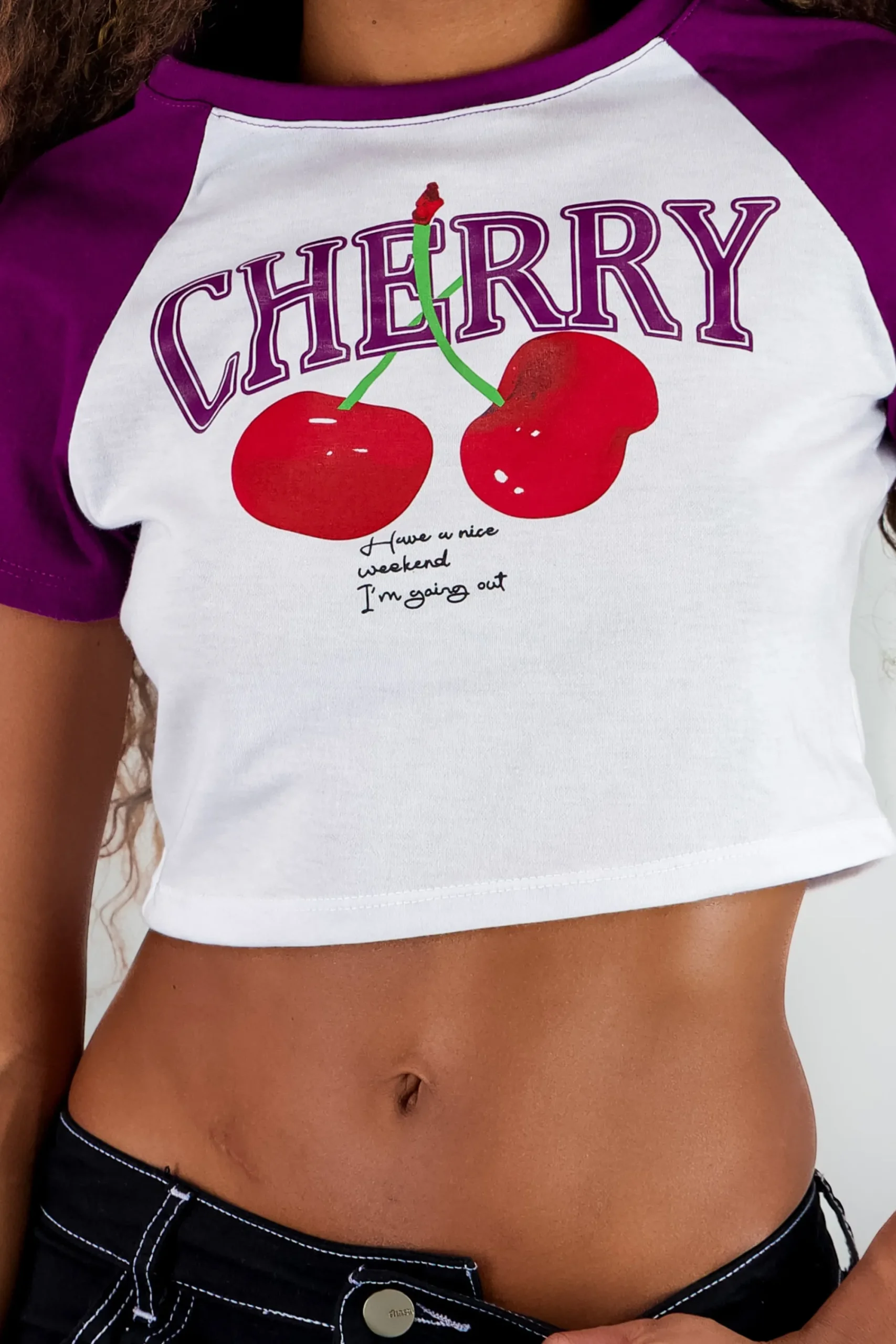 Shasa Contrast Sleeves Cherry Crop Top
