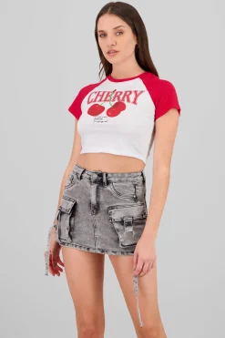 Shasa Contrast Sleeves Cherry Crop Top
