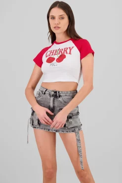 Shasa Contrast Sleeves Cherry Crop Top