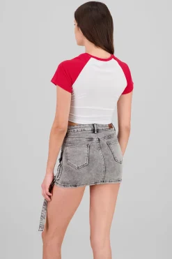 Shasa Contrast Sleeves Cherry Crop Top