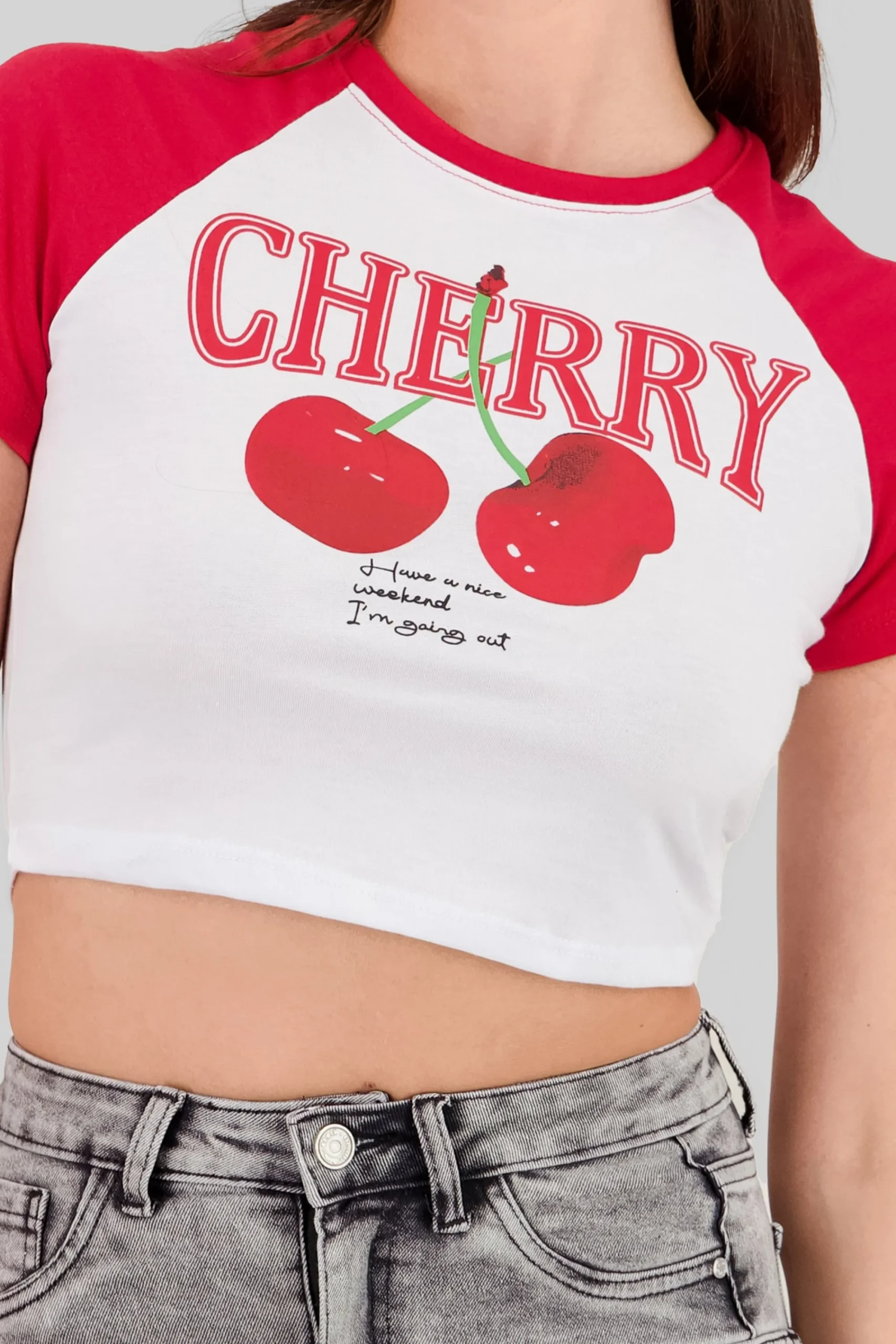 Shasa Contrast Sleeves Cherry Crop Top