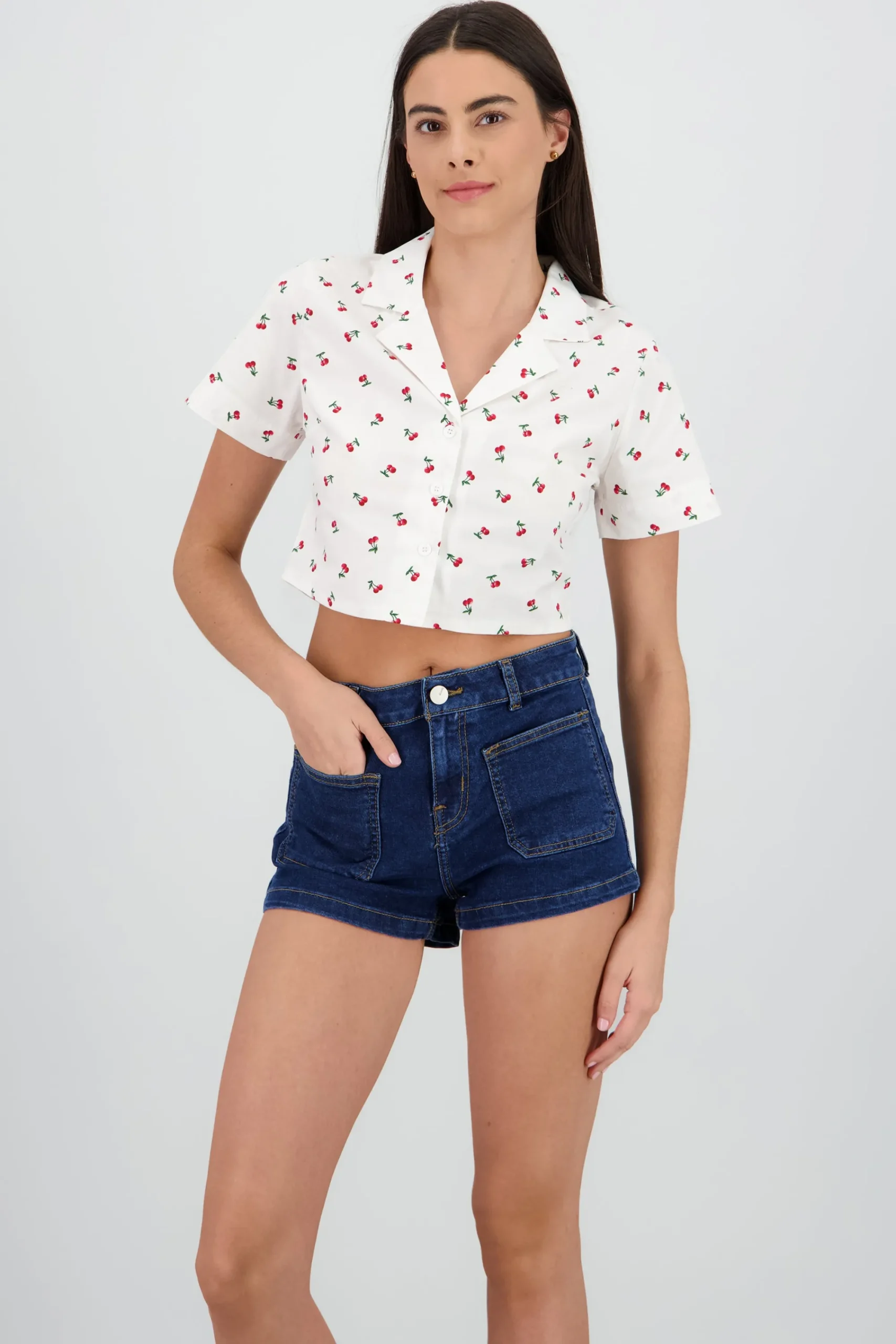 Shasa Cropped Cherry Print Shirt