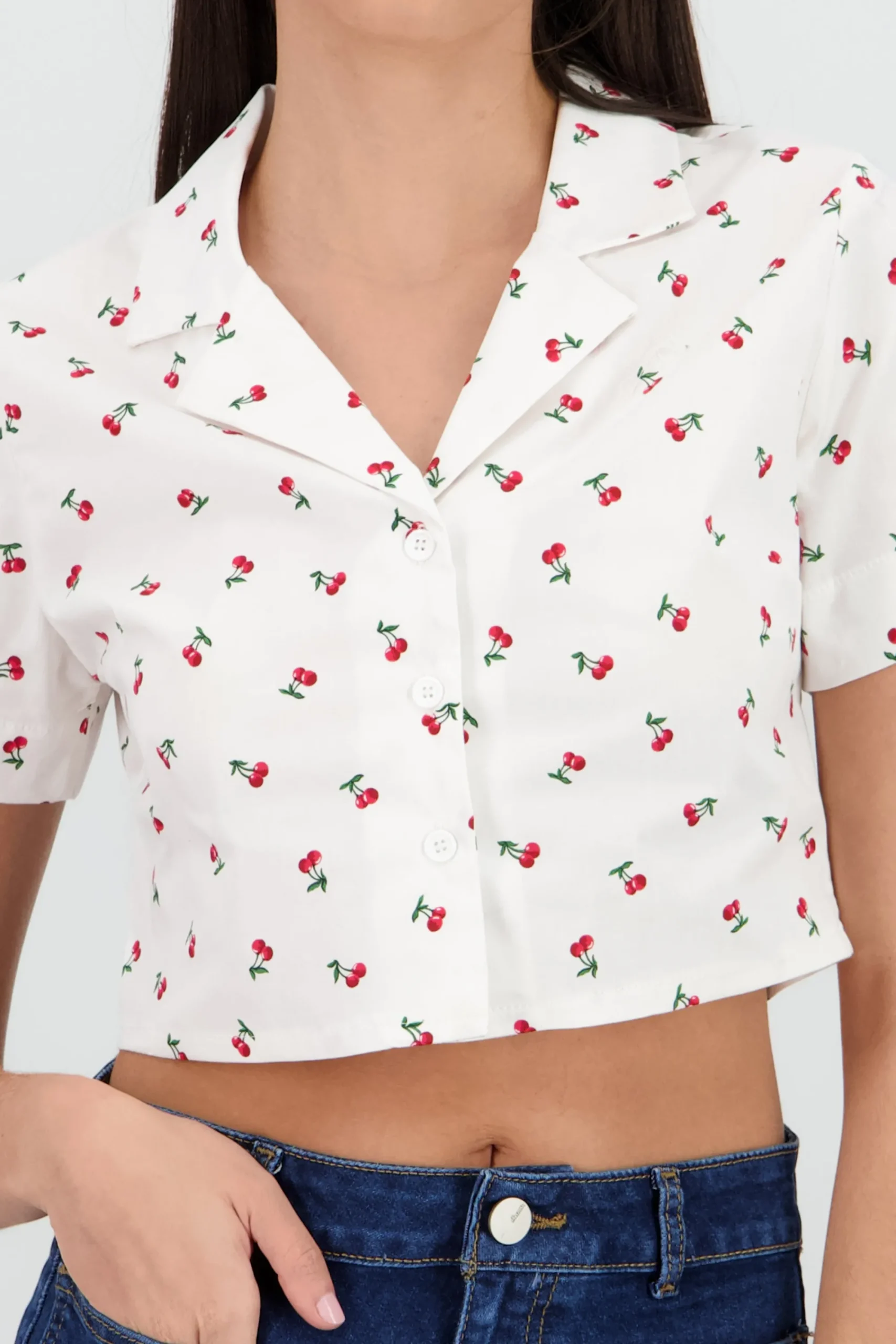 Shasa Cropped Cherry Print Shirt