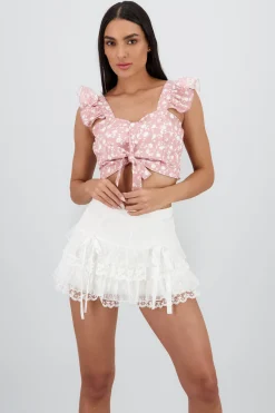 Shasa Cropped Ruffle Floral Print Top