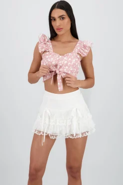 Shasa Cropped Ruffle Floral Print Top
