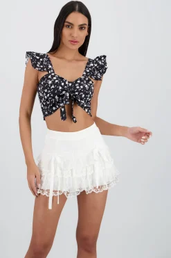 Shasa Cropped Ruffle Floral Print Top