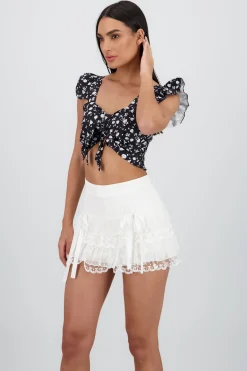 Shasa Cropped Ruffle Floral Print Top