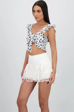 Shasa Cropped Ruffle Floral Print Top