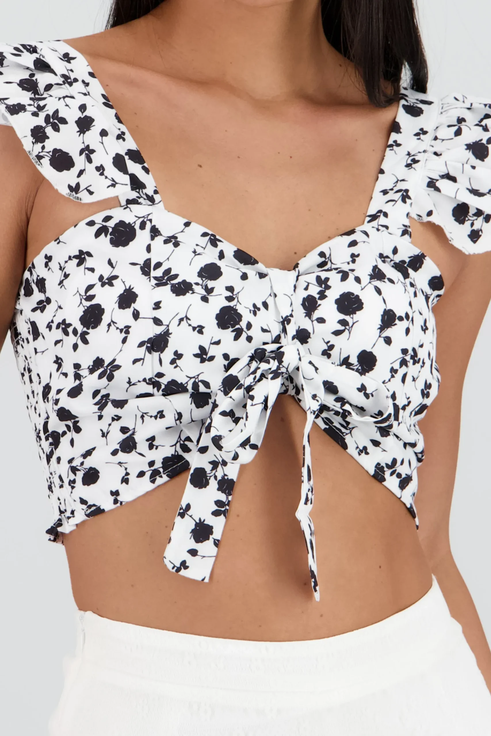 Shasa Cropped Ruffle Floral Print Top