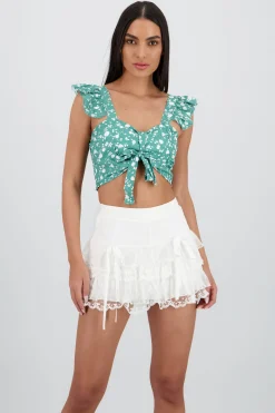 Shasa Cropped Ruffle Floral Print Top