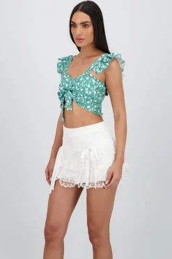 Shasa Cropped Ruffle Floral Print Top