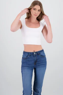 Shasa Cropped Square Neck Short Sleeve Top