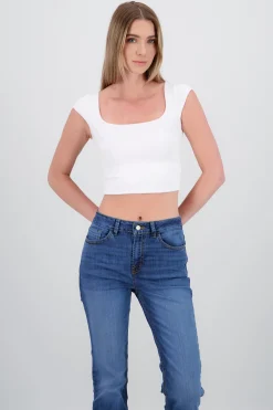Shasa Cropped Square Neck Short Sleeve Top