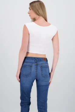 Shasa Cropped Square Neck Short Sleeve Top