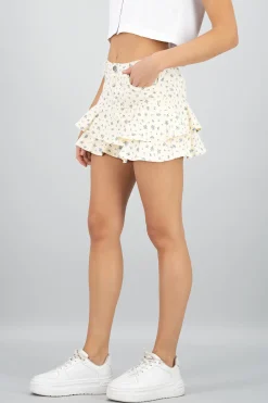 Shasa Denim Flowers Mini Ruffled Skirt