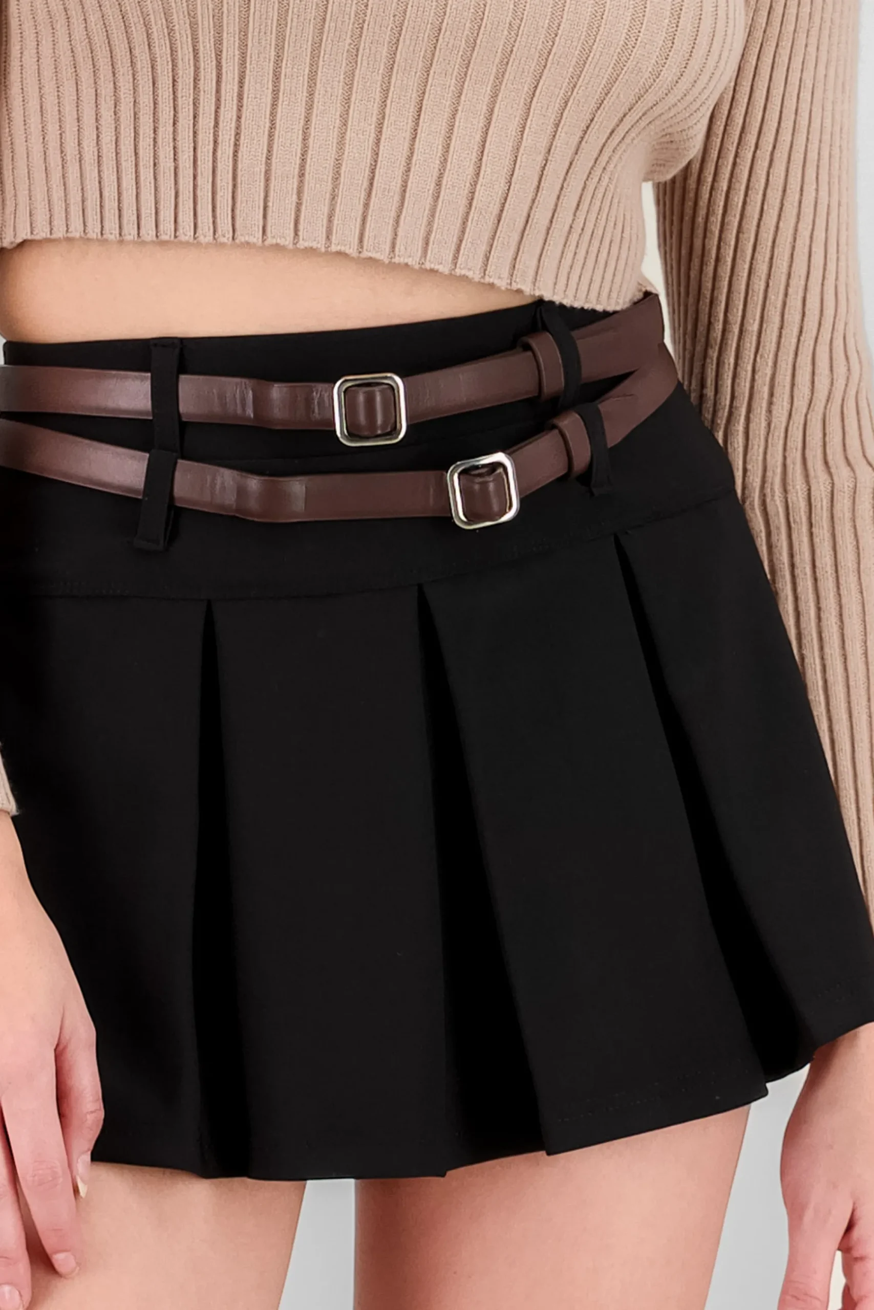 Shasa Double Belt Pleated Skirt