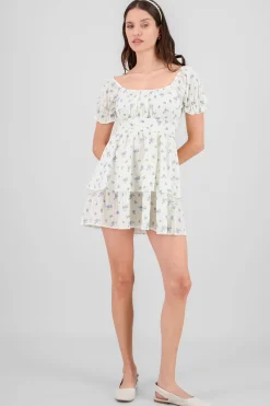 Shasa Double Ruffle Floral Puff Sleeve Dress