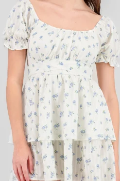 Shasa Double Ruffle Floral Puff Sleeve Dress