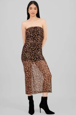 Shasa Draped Mesh Maxi Animal Print Dress