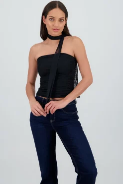 Shasa Draped Mesh Tube Top