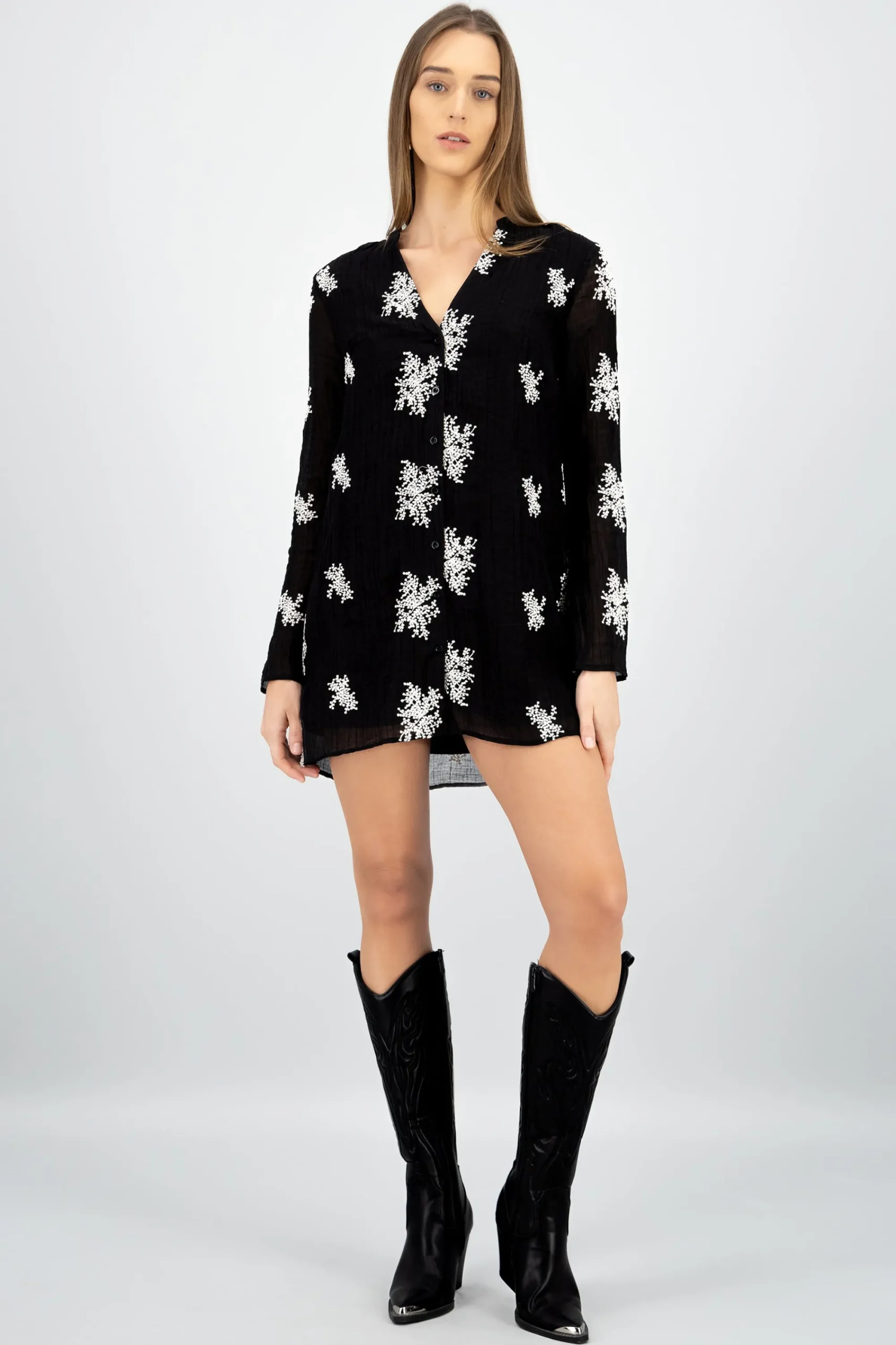 Shasa Embroidered Long Sleeve Mini Dress
