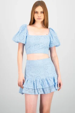 Shasa Embroidered Texture Puff Sleeve Blouse