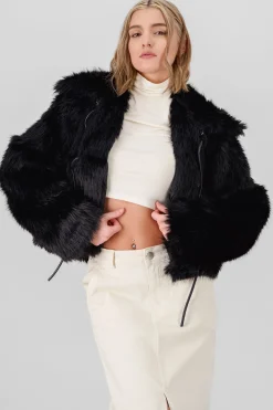 Shasa Faux Fur Cropped Coat with Faux Leather Bows