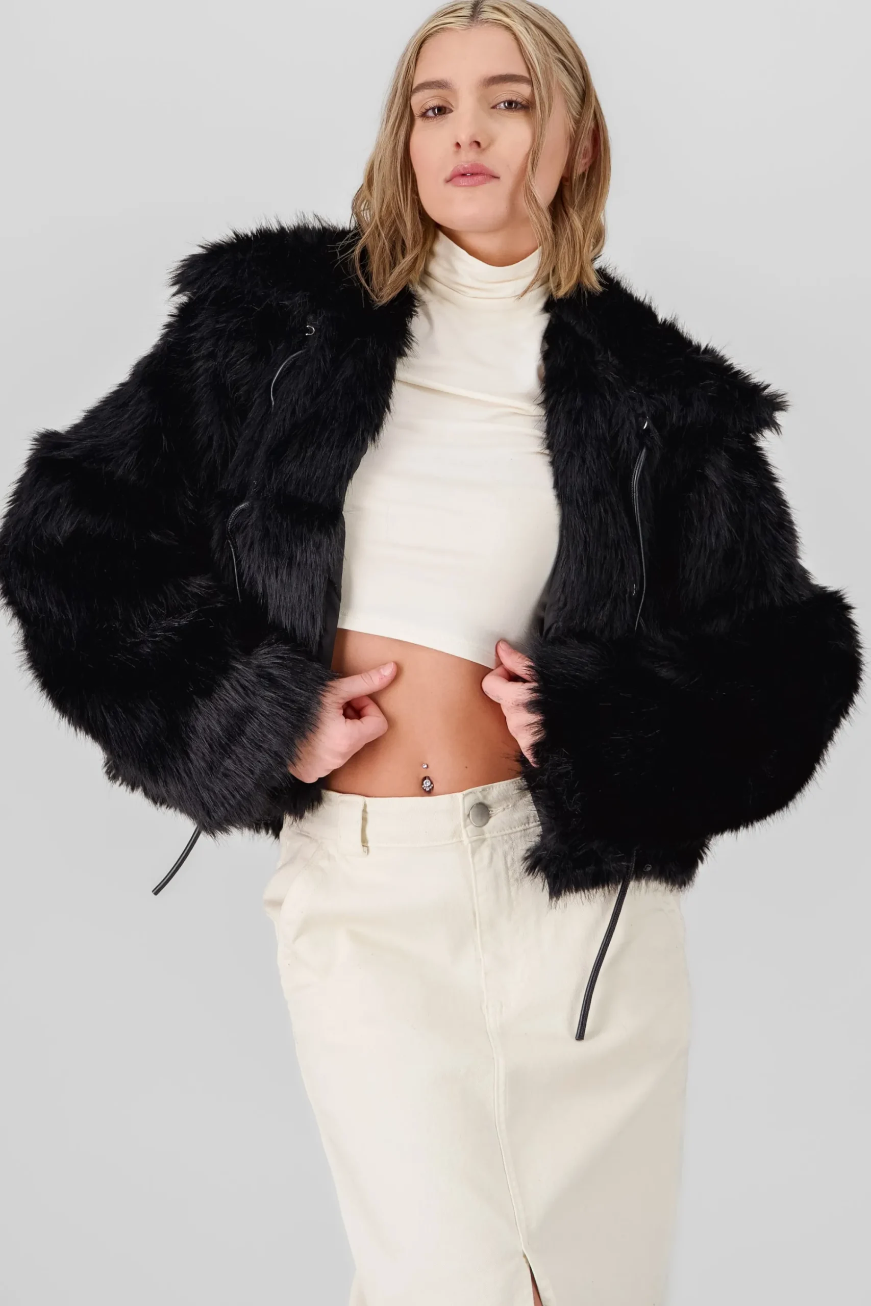 Shasa Faux Fur Cropped Coat with Faux Leather Bows