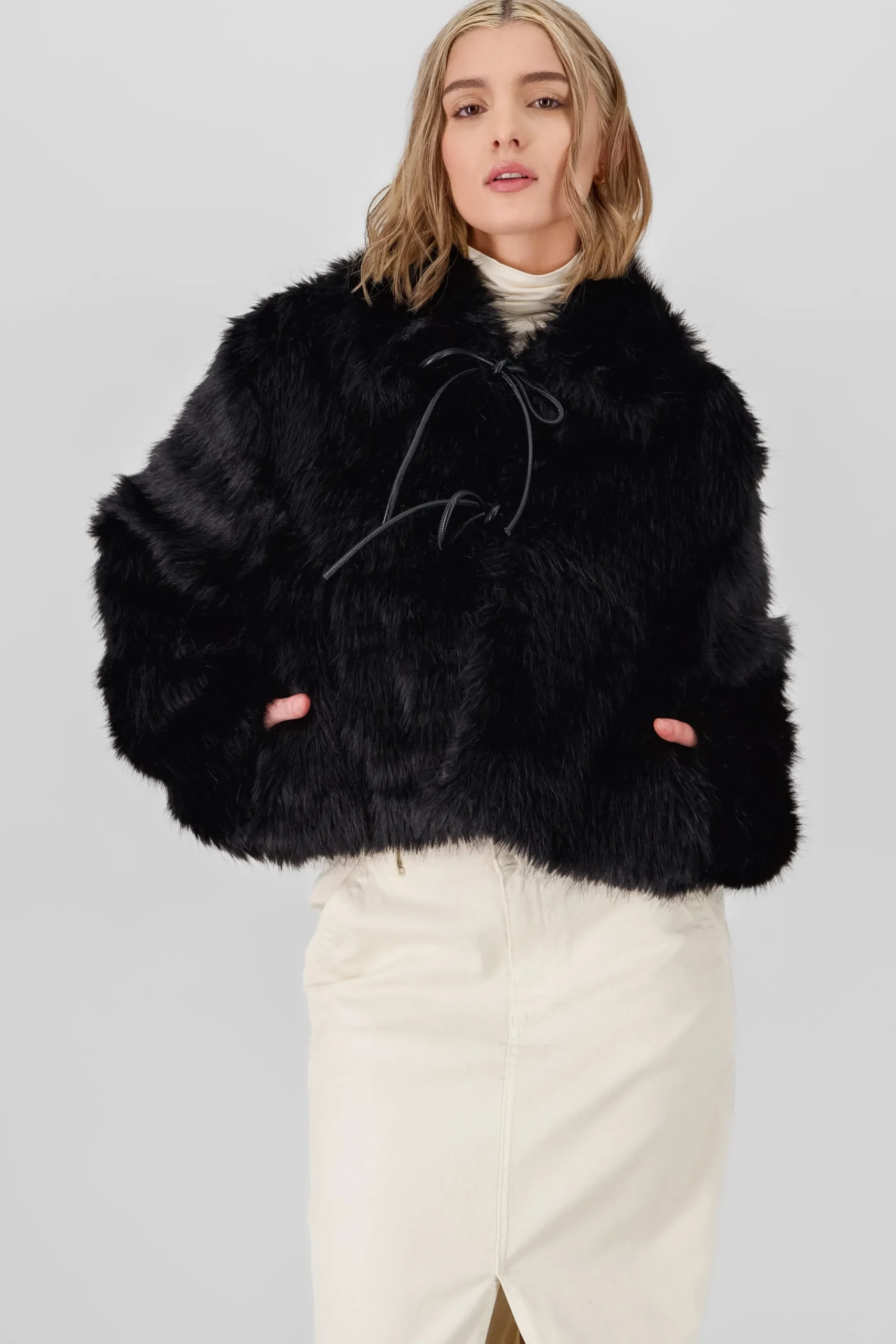 Shasa Faux Fur Cropped Coat with Faux Leather Bows