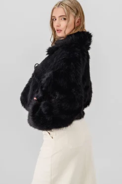 Shasa Faux Fur Cropped Coat with Faux Leather Bows