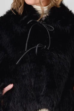 Shasa Faux Fur Cropped Coat with Faux Leather Bows