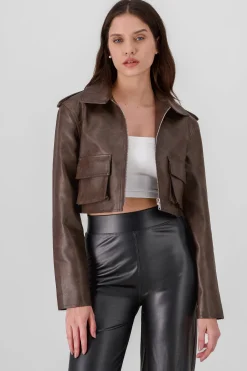 Shasa Faux Leather Cargo Jacket