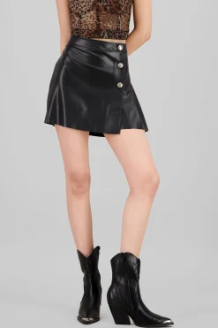 Shasa Faux Leather Mini Skirt with Buttons