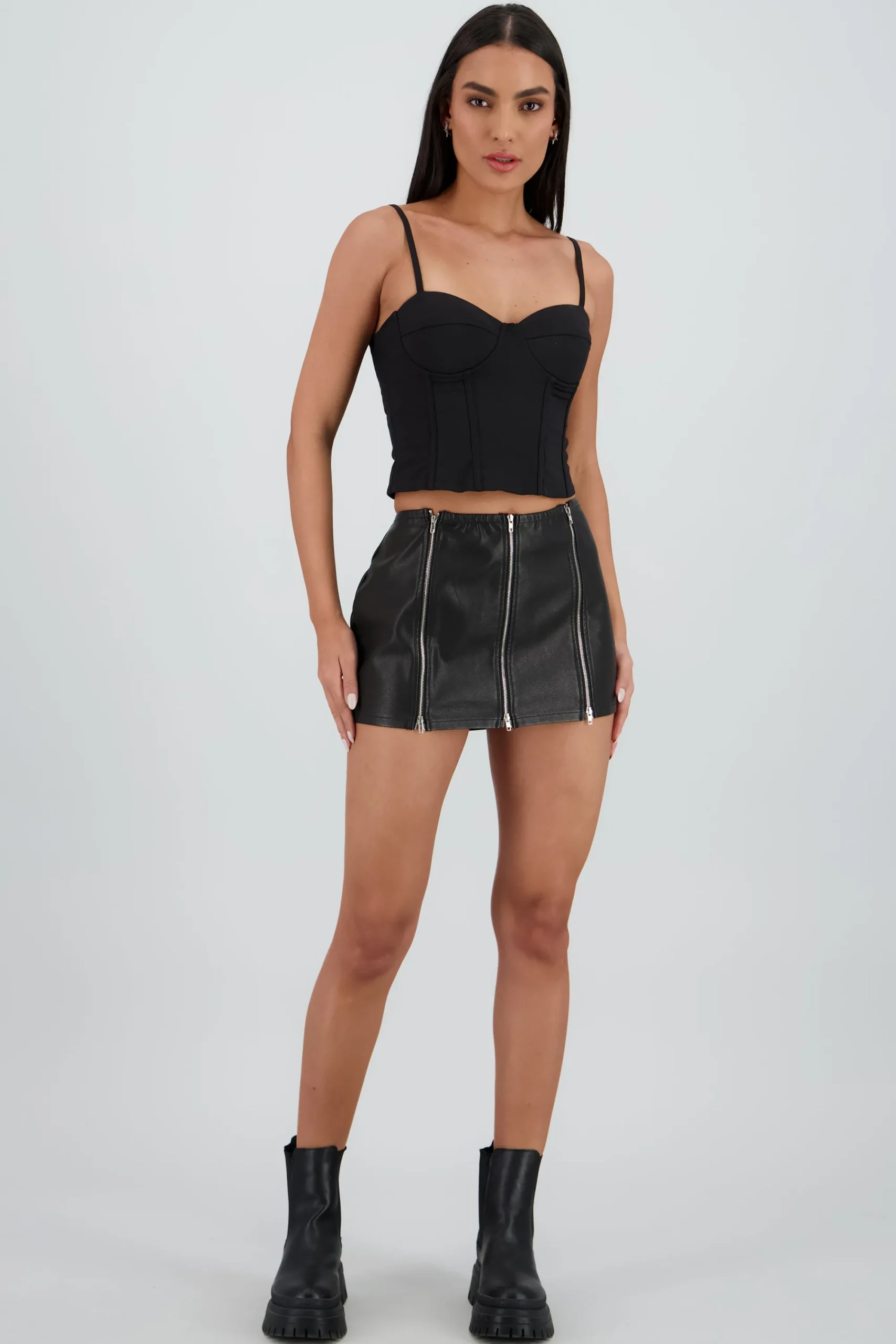 Shasa Faux Leather Skirt with Zip Detail