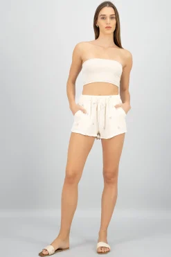 Shasa Floral Embroidery Linen Shorts