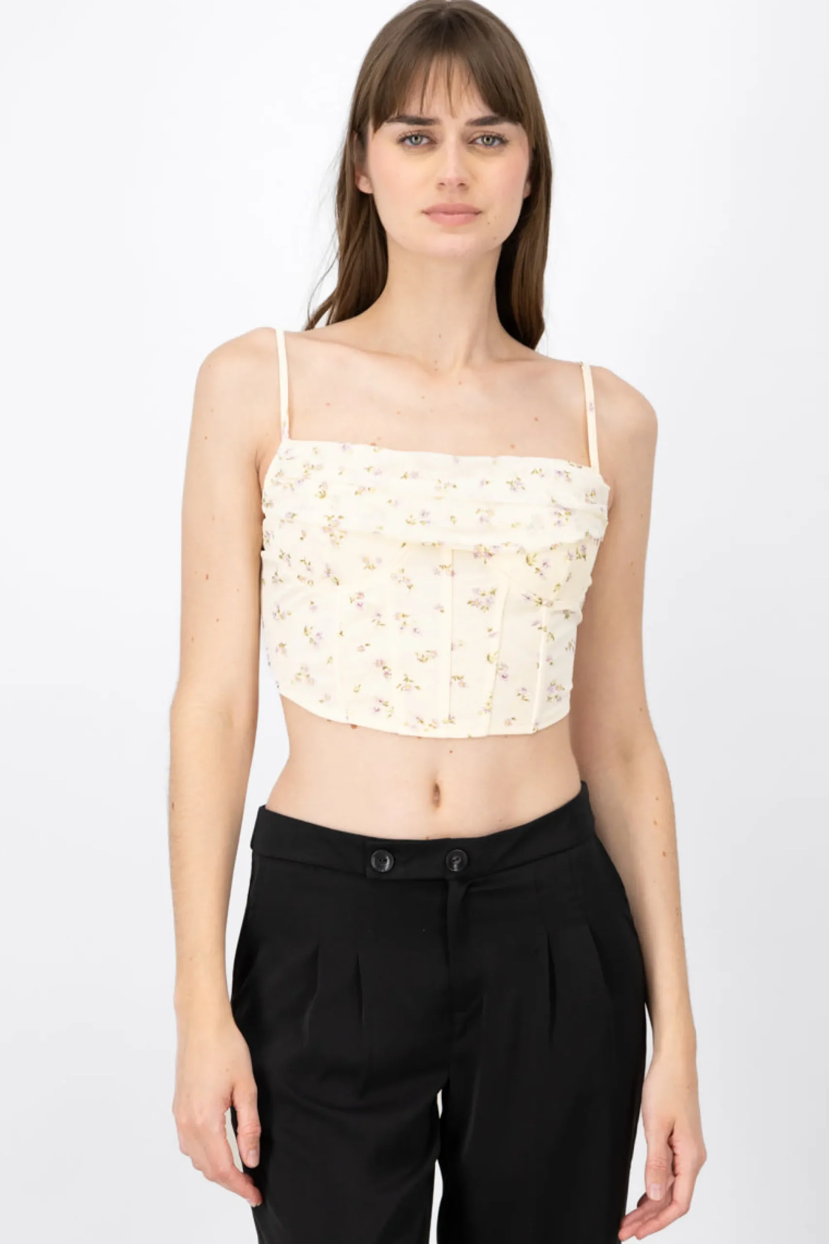 Shasa Floral Print Corset Blouse With Waterfall Neckline