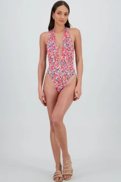 Shasa Floral V Neck Swimsuit with Open Back