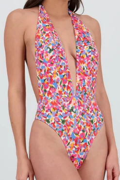 Shasa Floral V Neck Swimsuit with Open Back