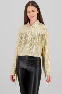 Shasa Fringe and Glitter Denim Jacket