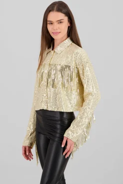 Shasa Fringe and Glitter Denim Jacket