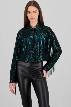 Shasa Fringe and Glitter Denim Jacket
