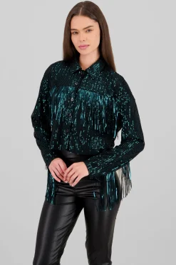 Shasa Fringe and Glitter Denim Jacket
