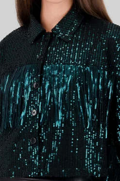 Shasa Fringe and Glitter Denim Jacket