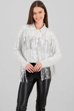 Shasa Fringe and Glitter Denim Jacket