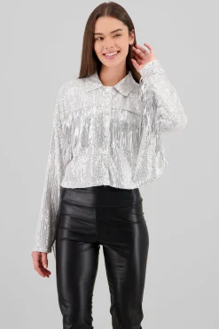 Shasa Fringe and Glitter Denim Jacket