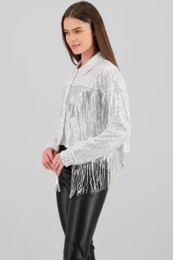 Shasa Fringe and Glitter Denim Jacket